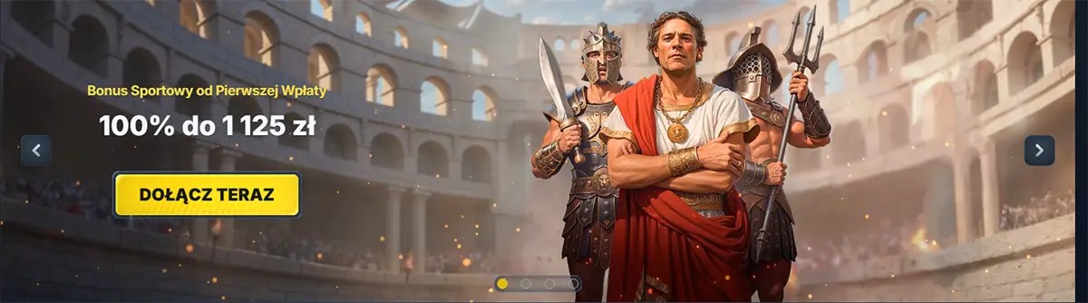Polish sports first deposit bonus banner in a Roman colosseum scene, reading “Bonus Sportowy od Pierwszej Wpłaty 100% do 1125 zł” with a yellow “Dołącz teraz” button, featuring a leader in a red toga flanked by two armoured gladiators.