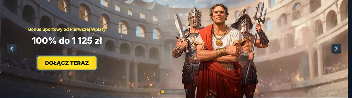 Polish sports first deposit bonus banner in a Roman colosseum scene, reading “Bonus Sportowy od Pierwszej Wpłaty 100% do 1125 zł” with a yellow “Dołącz teraz” button, featuring a leader in a red toga flanked by two armoured gladiators.